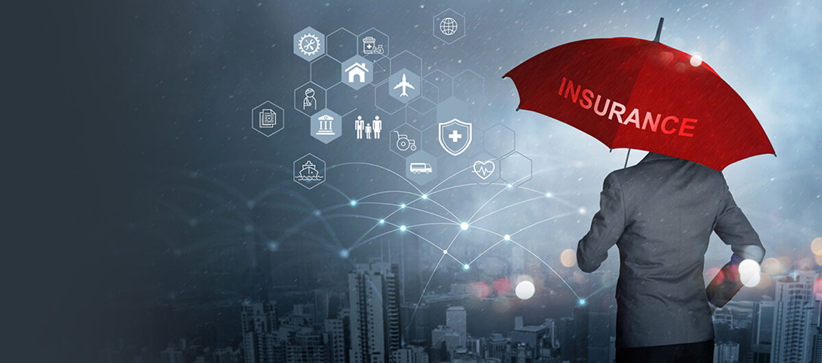 Insurance concept, Businessman holding red umbrella on falling rain with protect with icon business, health, financial, life, family, accident and logistics  insurance on city background